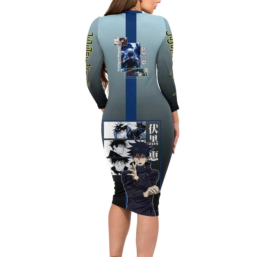 Megumi Fushiguro from Jujutsu Kaisen Family Matching Long Sleeve Bodycon Dress and Hawaiian Shirt with Dark Blue and Black Background and Multiple Poses Design - The Mazicc