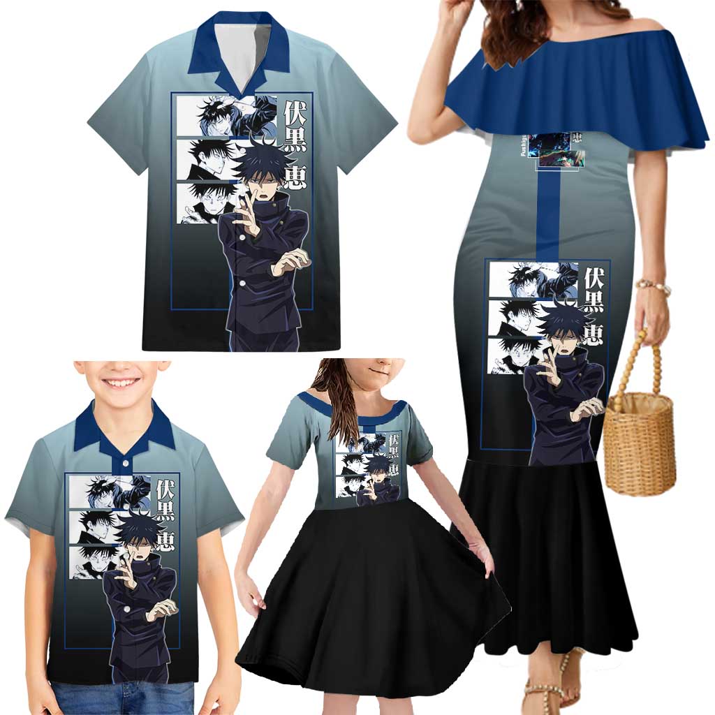 Megumi Fushiguro from Jujutsu Kaisen Family Matching Mermaid Dress and Hawaiian Shirt with Dark Blue and Black Background and Multiple Poses Design - The Mazicc