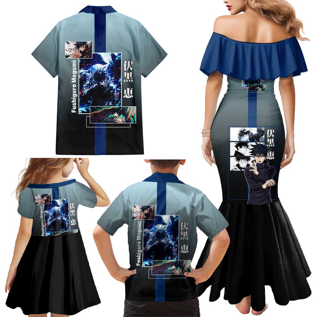 Megumi Fushiguro from Jujutsu Kaisen Family Matching Mermaid Dress and Hawaiian Shirt with Dark Blue and Black Background and Multiple Poses Design - The Mazicc