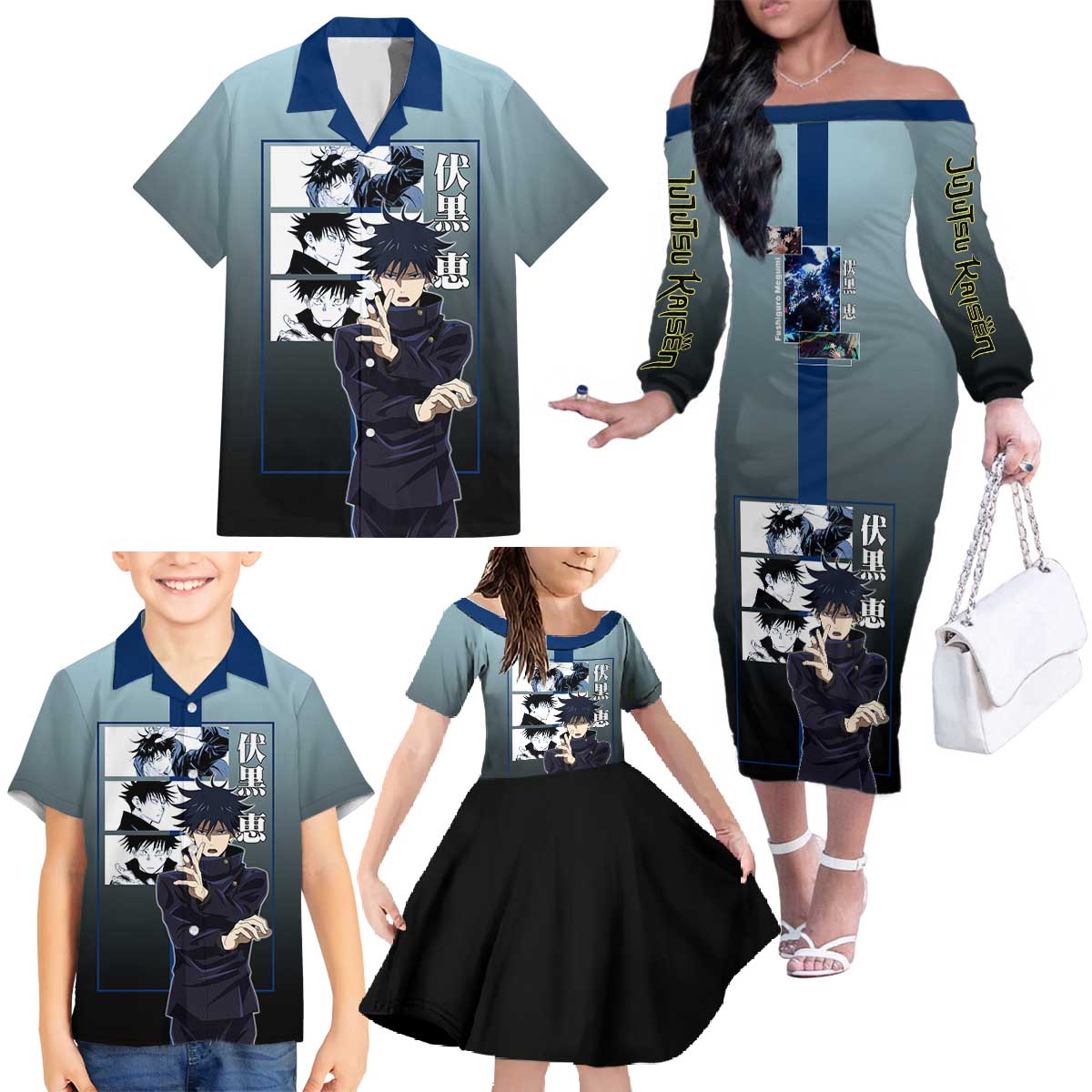 Megumi Fushiguro from Jujutsu Kaisen Family Matching Off The Shoulder Long Sleeve Dress and Hawaiian Shirt with Dark Blue and Black Background and Multiple Poses Design - The Mazicc