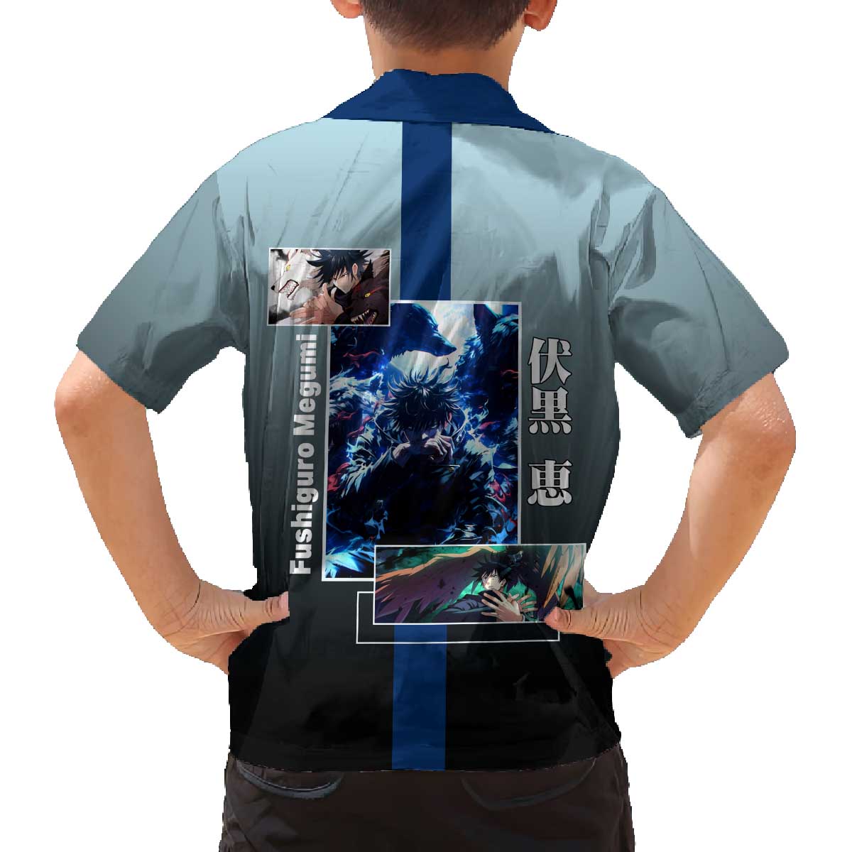 Megumi Fushiguro from Jujutsu Kaisen Family Matching Off The Shoulder Long Sleeve Dress and Hawaiian Shirt with Dark Blue and Black Background and Multiple Poses Design - The Mazicc
