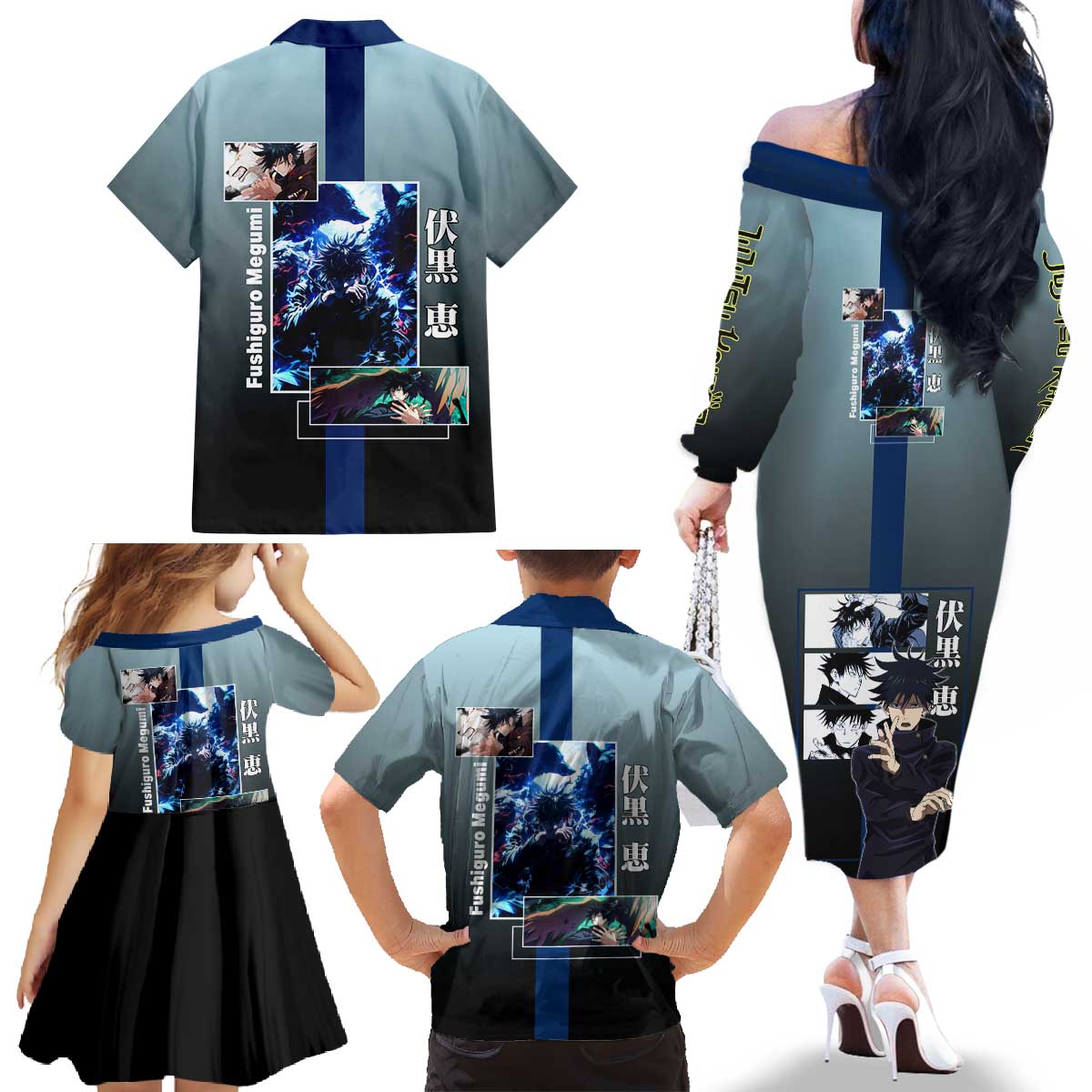 Megumi Fushiguro from Jujutsu Kaisen Family Matching Off The Shoulder Long Sleeve Dress and Hawaiian Shirt with Dark Blue and Black Background and Multiple Poses Design - The Mazicc