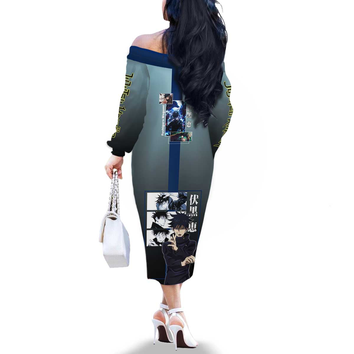 Megumi Fushiguro from Jujutsu Kaisen Family Matching Off The Shoulder Long Sleeve Dress and Hawaiian Shirt with Dark Blue and Black Background and Multiple Poses Design - The Mazicc