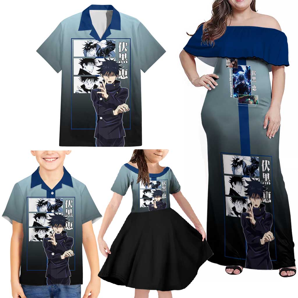 Megumi Fushiguro from Jujutsu Kaisen Family Matching Off Shoulder Maxi Dress and Hawaiian Shirt with Dark Blue and Black Background and Multiple Poses Design - The Mazicc