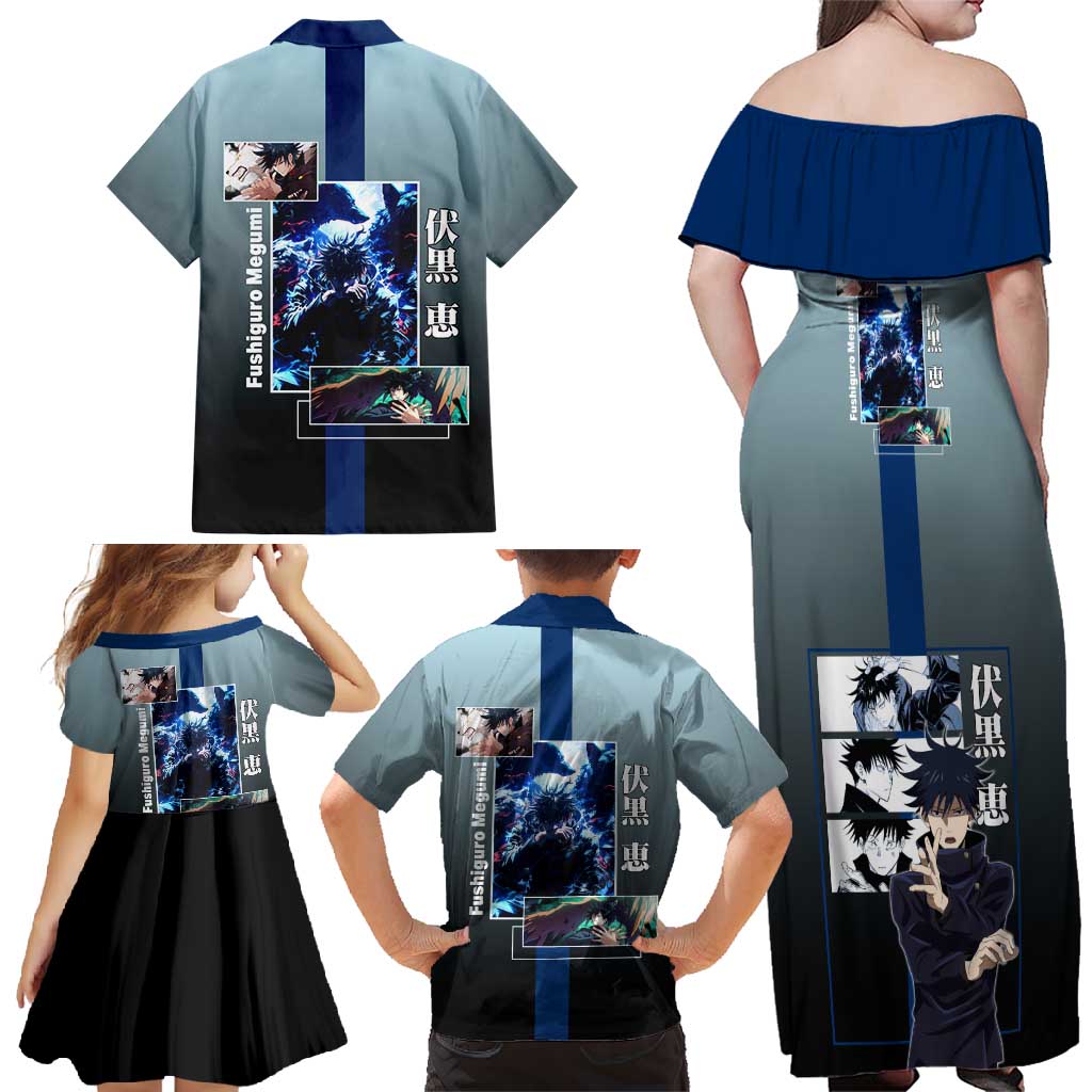 Megumi Fushiguro from Jujutsu Kaisen Family Matching Off Shoulder Maxi Dress and Hawaiian Shirt with Dark Blue and Black Background and Multiple Poses Design - The Mazicc