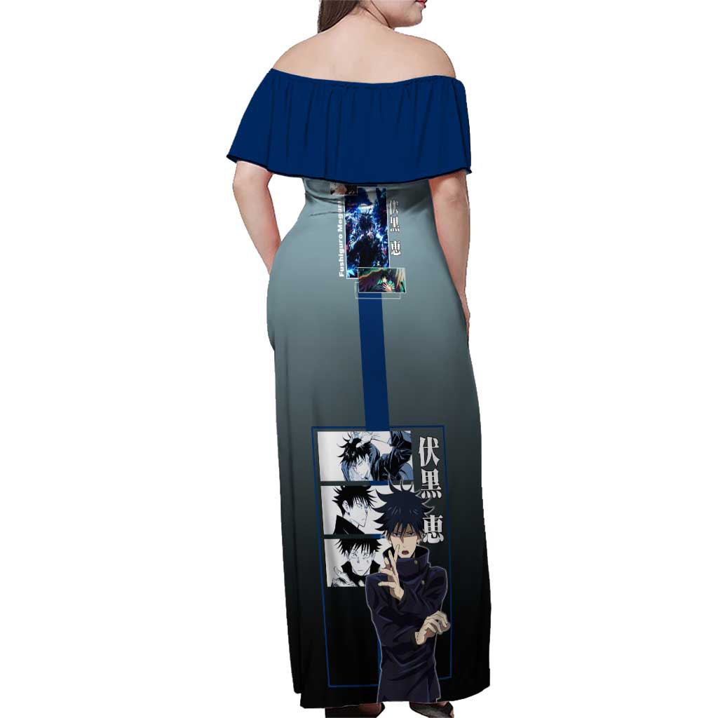Megumi Fushiguro from Jujutsu Kaisen Family Matching Off Shoulder Maxi Dress and Hawaiian Shirt with Dark Blue and Black Background and Multiple Poses Design - The Mazicc