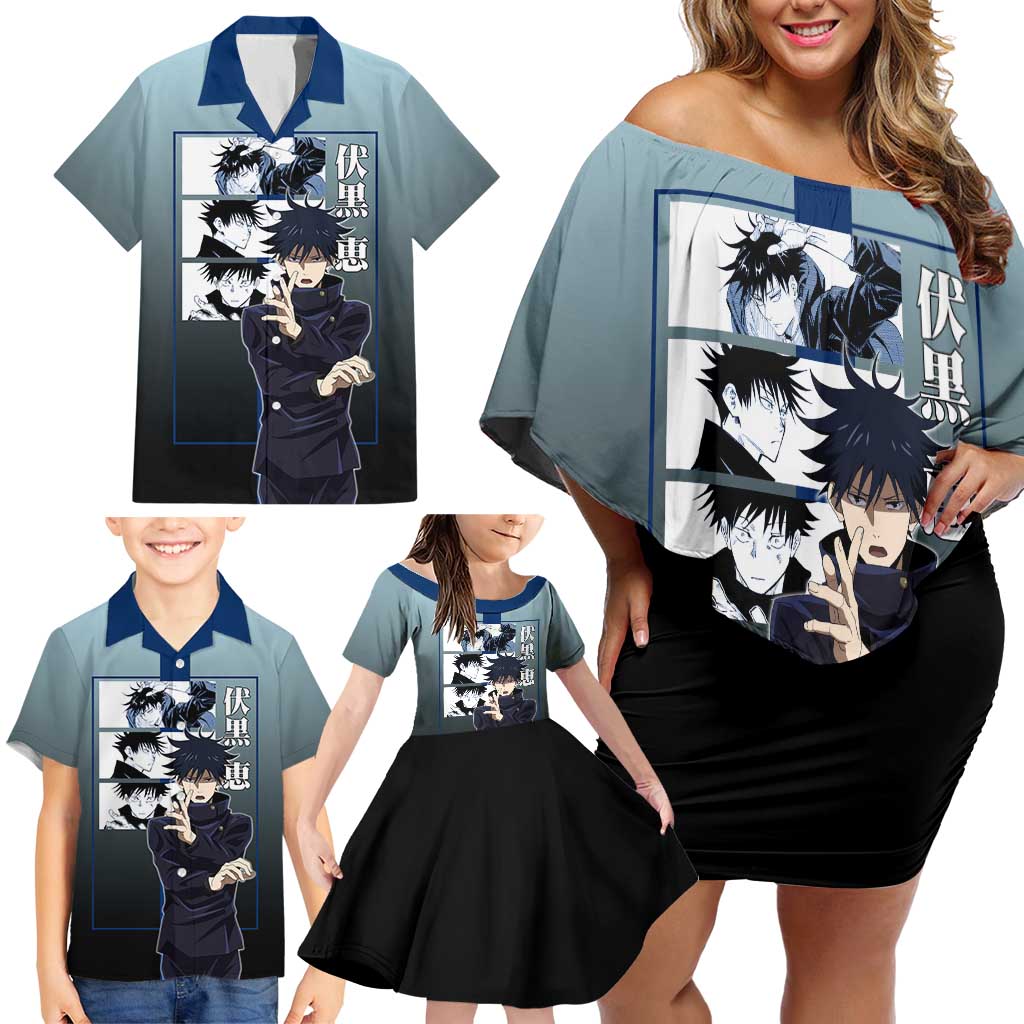 Megumi Fushiguro from Jujutsu Kaisen Family Matching Off Shoulder Short Dress and Hawaiian Shirt with Dark Blue and Black Background and Multiple Poses Design - The Mazicc