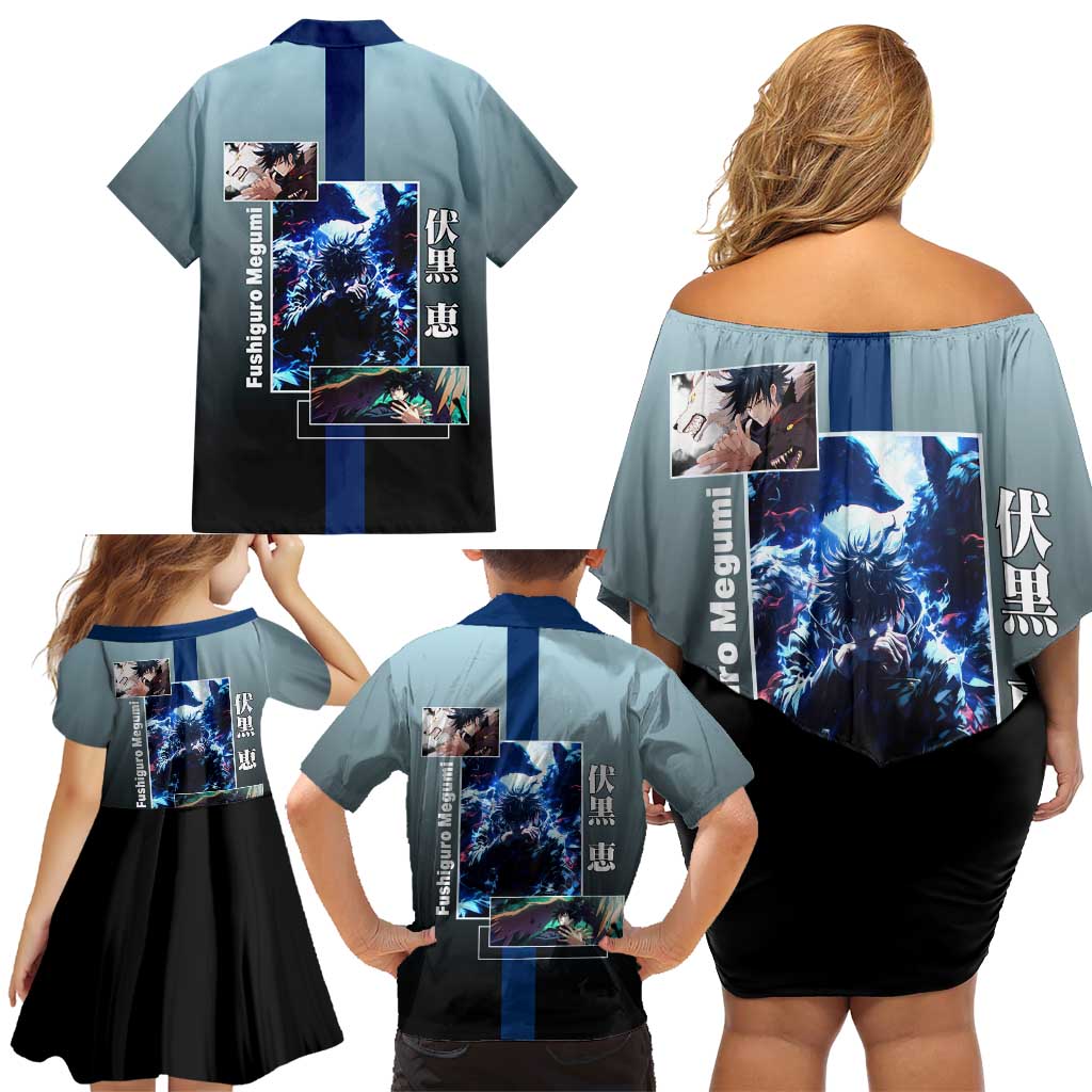 Megumi Fushiguro from Jujutsu Kaisen Family Matching Off Shoulder Short Dress and Hawaiian Shirt with Dark Blue and Black Background and Multiple Poses Design - The Mazicc