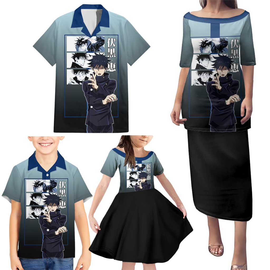 Megumi Fushiguro from Jujutsu Kaisen Family Matching Puletasi and Hawaiian Shirt with Dark Blue and Black Background and Multiple Poses Design - The Mazicc