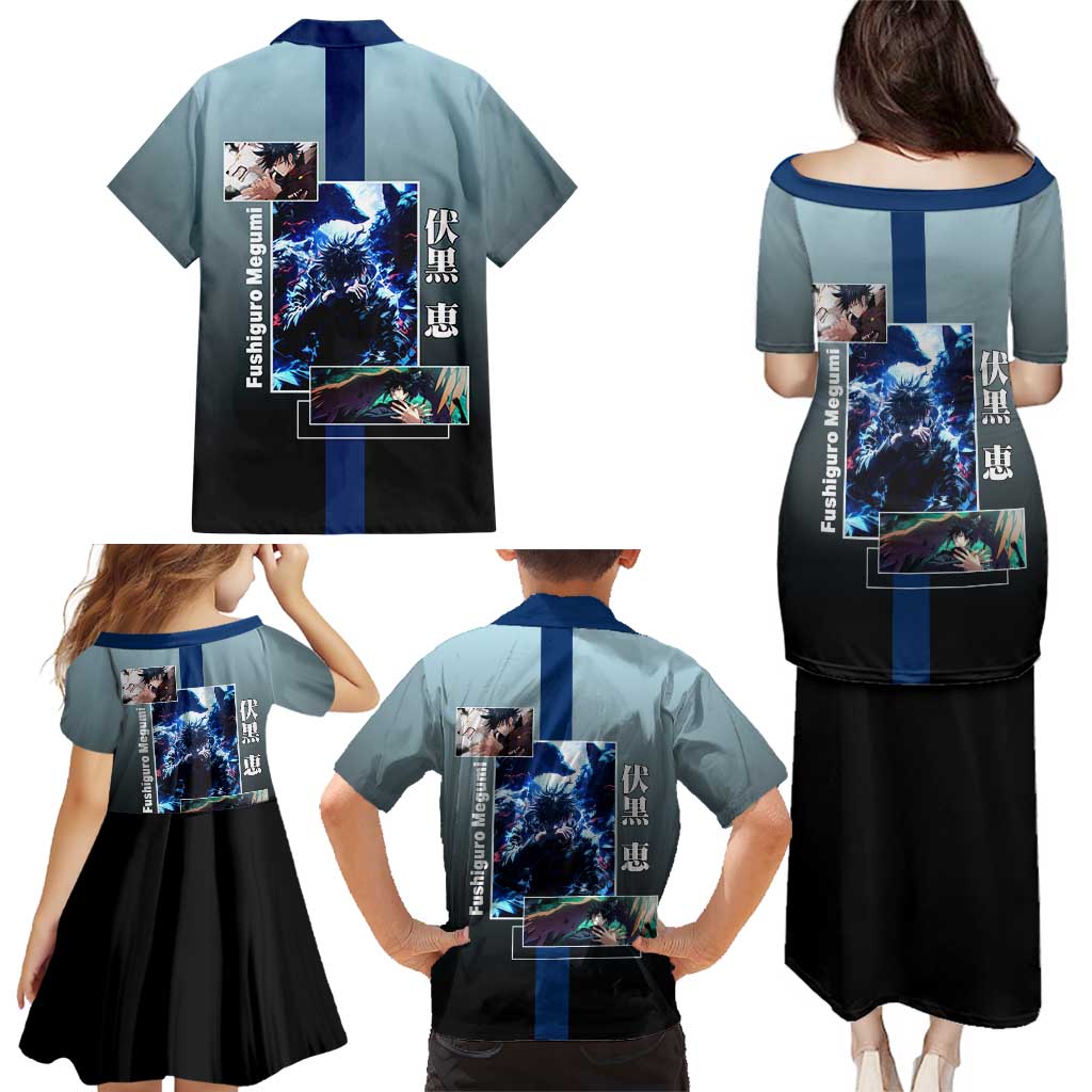 Megumi Fushiguro from Jujutsu Kaisen Family Matching Puletasi and Hawaiian Shirt with Dark Blue and Black Background and Multiple Poses Design - The Mazicc