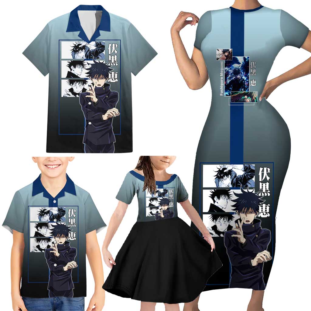 Megumi Fushiguro from Jujutsu Kaisen Family Matching Short Sleeve Bodycon Dress and Hawaiian Shirt with Dark Blue and Black Background and Multiple Poses Design - The Mazicc