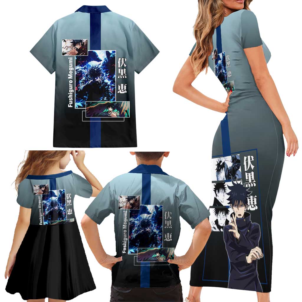 Megumi Fushiguro from Jujutsu Kaisen Family Matching Short Sleeve Bodycon Dress and Hawaiian Shirt with Dark Blue and Black Background and Multiple Poses Design - The Mazicc