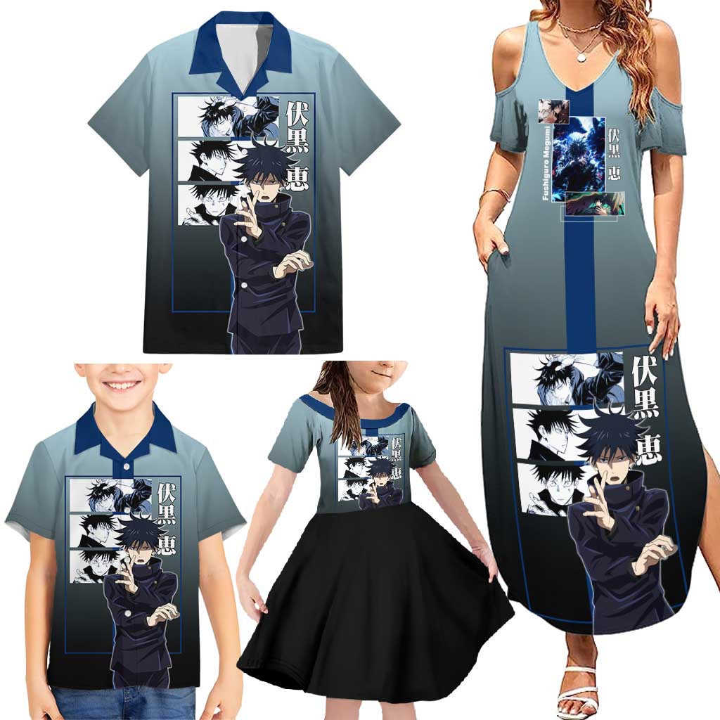 Megumi Fushiguro from Jujutsu Kaisen Family Matching Summer Maxi Dress and Hawaiian Shirt with Dark Blue and Black Background and Multiple Poses Design - The Mazicc