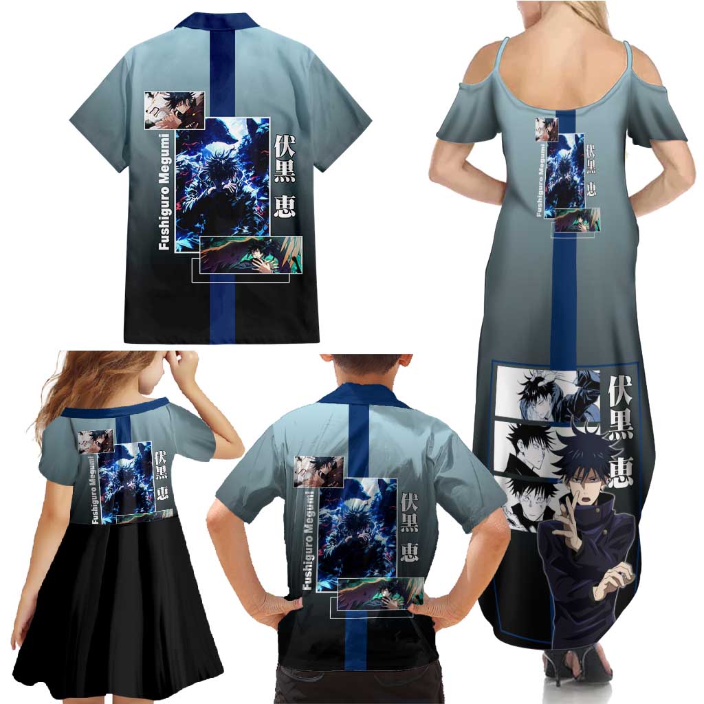 Megumi Fushiguro from Jujutsu Kaisen Family Matching Summer Maxi Dress and Hawaiian Shirt with Dark Blue and Black Background and Multiple Poses Design - The Mazicc
