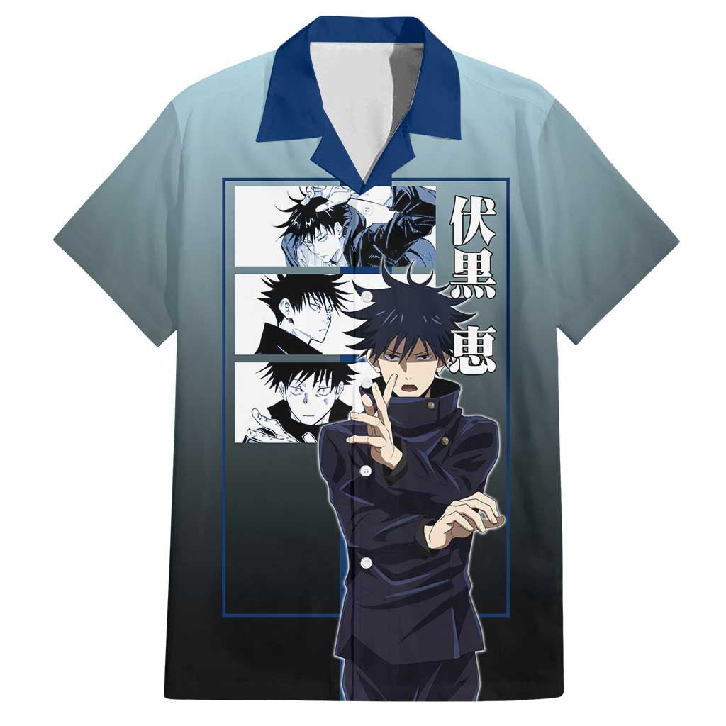 Megumi Fushiguro from Jujutsu Kaisen Family Matching Summer Maxi Dress and Hawaiian Shirt with Dark Blue and Black Background and Multiple Poses Design - The Mazicc