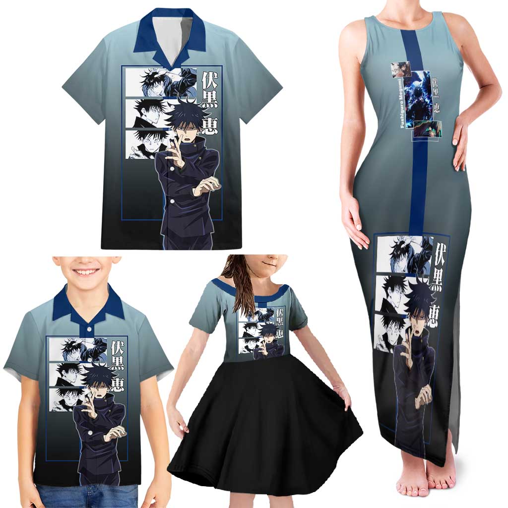 Megumi Fushiguro from Jujutsu Kaisen Family Matching Tank Maxi Dress and Hawaiian Shirt with Dark Blue and Black Background and Multiple Poses Design - The Mazicc