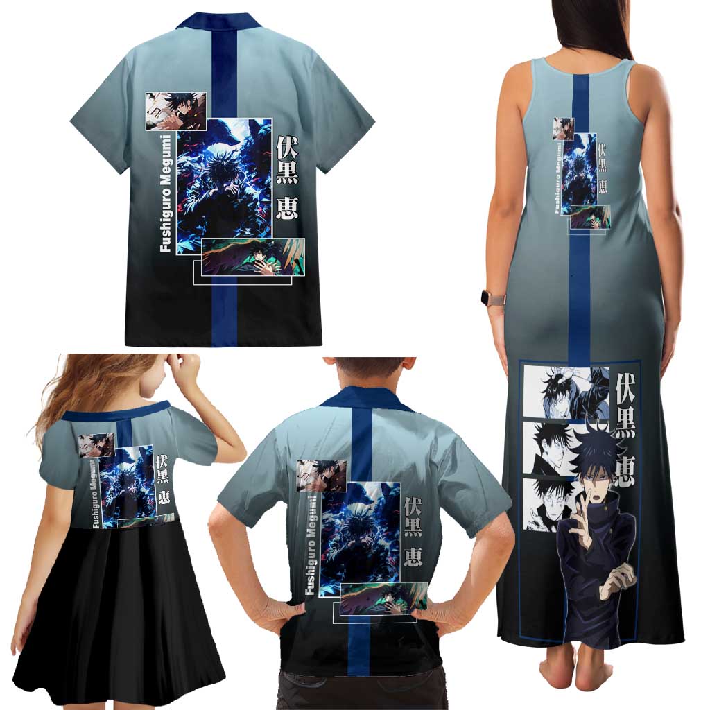Megumi Fushiguro from Jujutsu Kaisen Family Matching Tank Maxi Dress and Hawaiian Shirt with Dark Blue and Black Background and Multiple Poses Design - The Mazicc