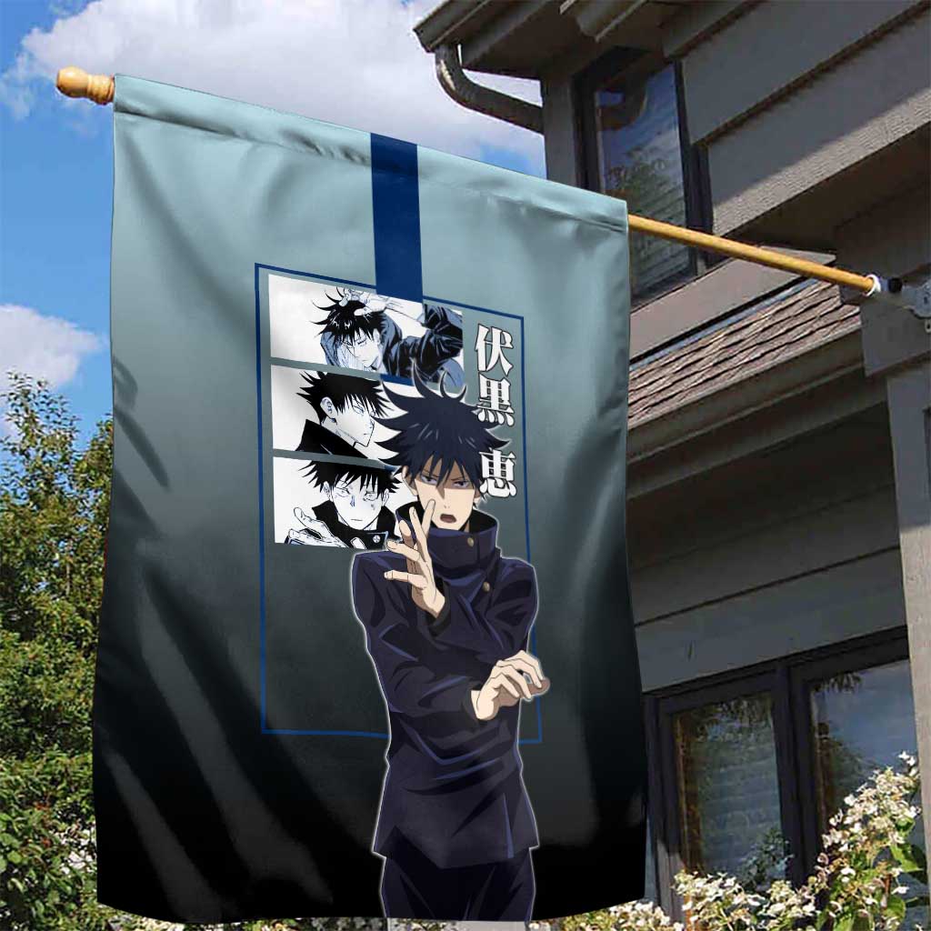 Megumi Fushiguro from Jujutsu Kaisen Garden Flag with Dark Blue and Black Background and Multiple Poses Design - The Mazicc