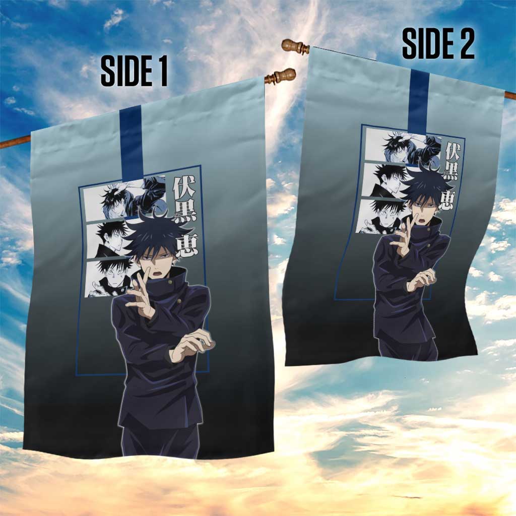 Megumi Fushiguro from Jujutsu Kaisen Garden Flag with Dark Blue and Black Background and Multiple Poses Design - The Mazicc