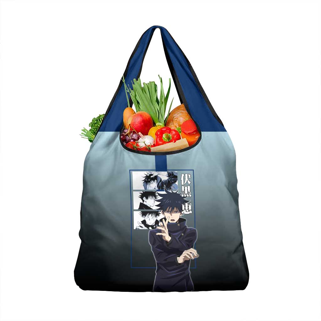 Megumi Fushiguro from Jujutsu Kaisen Grocery Bag with Dark Blue and Black Background and Multiple Poses Design - The Mazicc