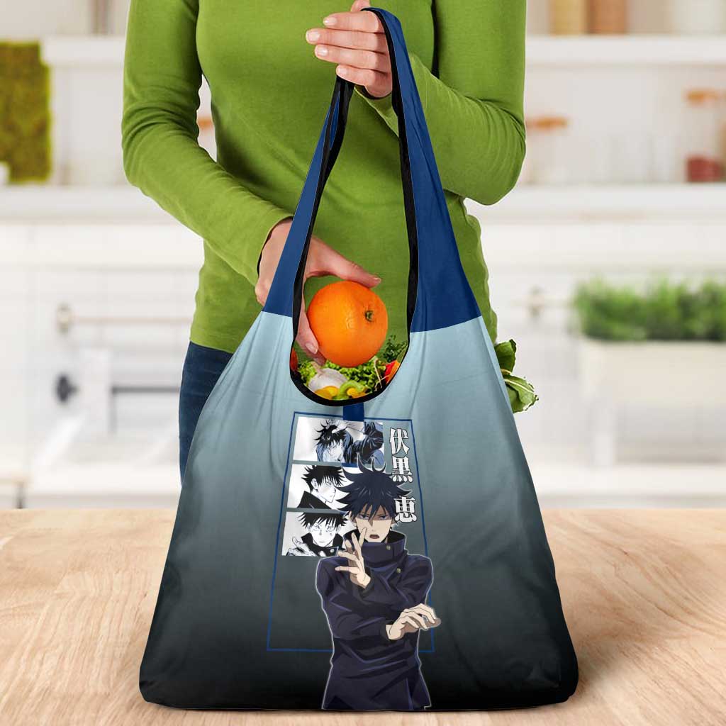 Megumi Fushiguro from Jujutsu Kaisen Grocery Bag with Dark Blue and Black Background and Multiple Poses Design - The Mazicc
