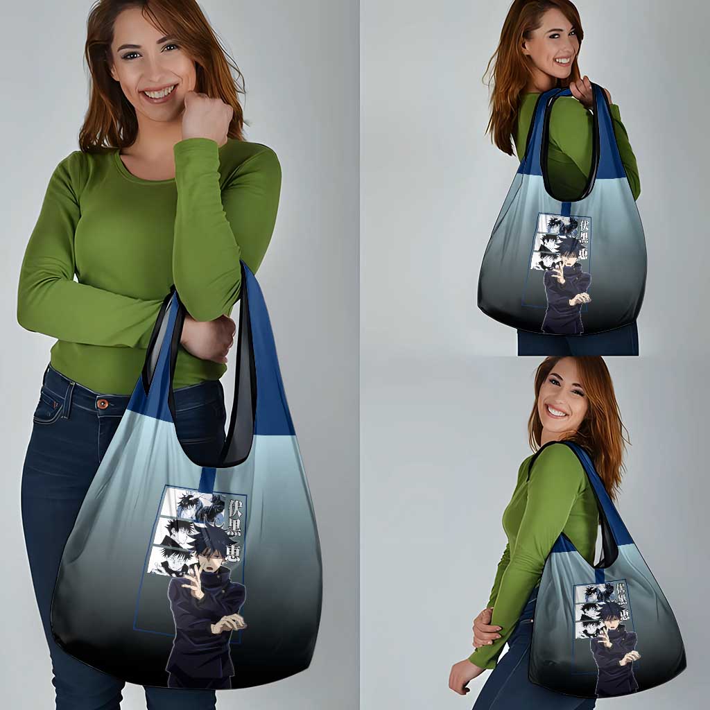 Megumi Fushiguro from Jujutsu Kaisen Grocery Bag with Dark Blue and Black Background and Multiple Poses Design - The Mazicc