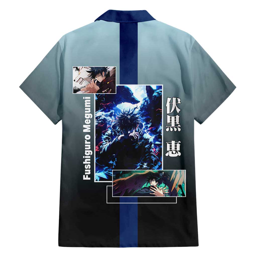 Megumi Fushiguro from Jujutsu Kaisen Hawaiian Shirt with Dark Blue and Black Background and Multiple Poses Design - The Mazicc