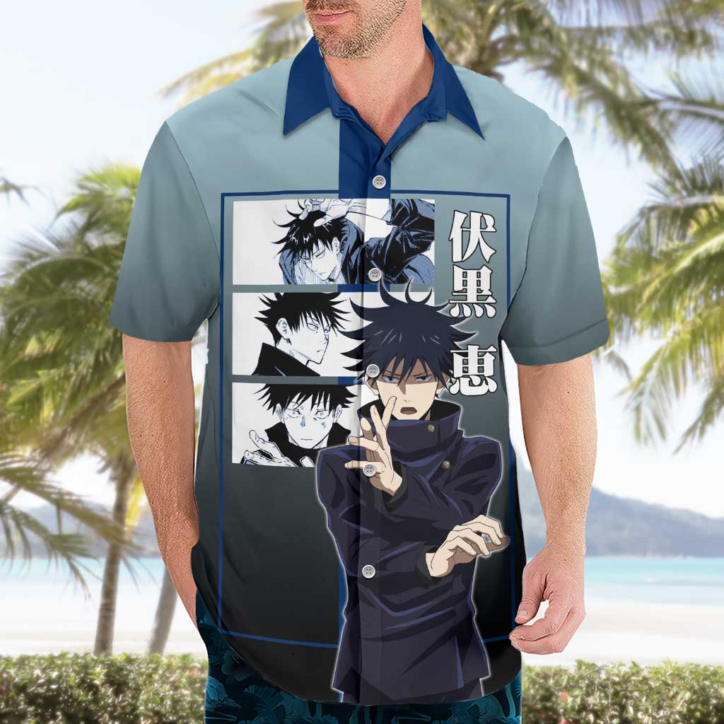 Megumi Fushiguro from Jujutsu Kaisen Hawaiian Shirt with Dark Blue and Black Background and Multiple Poses Design - The Mazicc