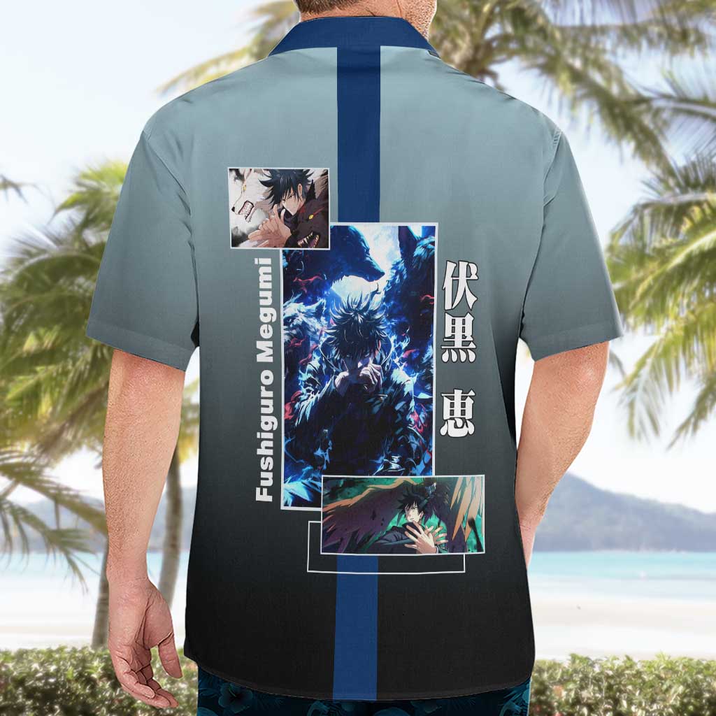 Megumi Fushiguro from Jujutsu Kaisen Hawaiian Shirt with Dark Blue and Black Background and Multiple Poses Design - The Mazicc