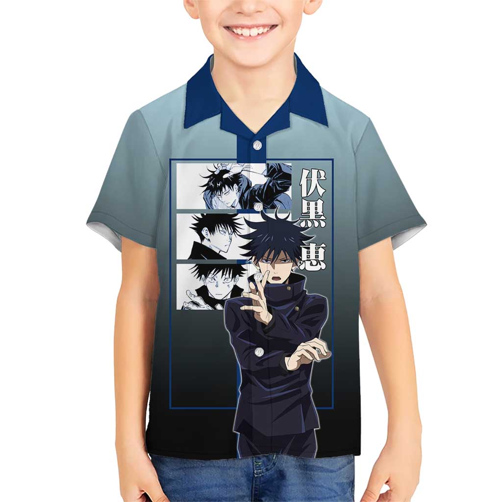 Megumi Fushiguro from Jujutsu Kaisen Hawaiian Shirt with Dark Blue and Black Background and Multiple Poses Design - The Mazicc