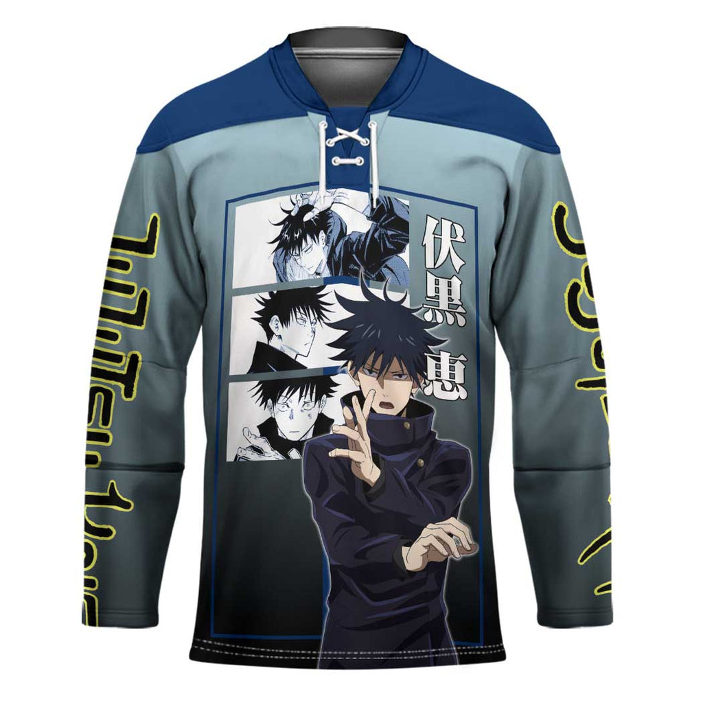 Megumi Fushiguro from Jujutsu Kaisen Hockey Jersey with Dark Blue and Black Background and Multiple Poses Design - The Mazicc