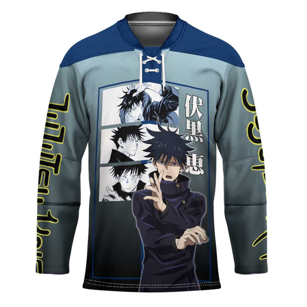 Megumi Fushiguro from Jujutsu Kaisen Hockey Jersey with Dark Blue and Black Background and Multiple Poses Design - The Mazicc