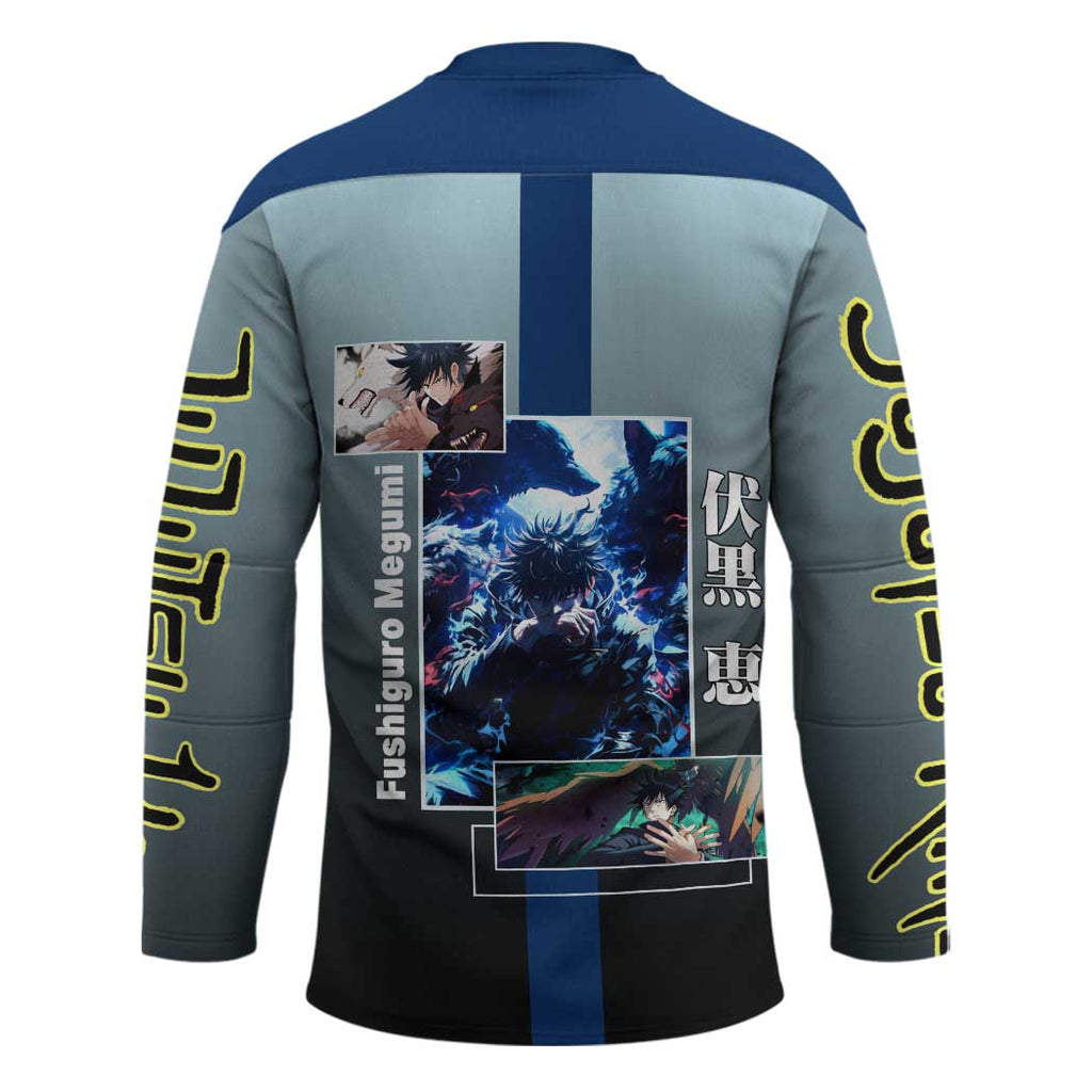 Megumi Fushiguro from Jujutsu Kaisen Hockey Jersey with Dark Blue and Black Background and Multiple Poses Design - The Mazicc
