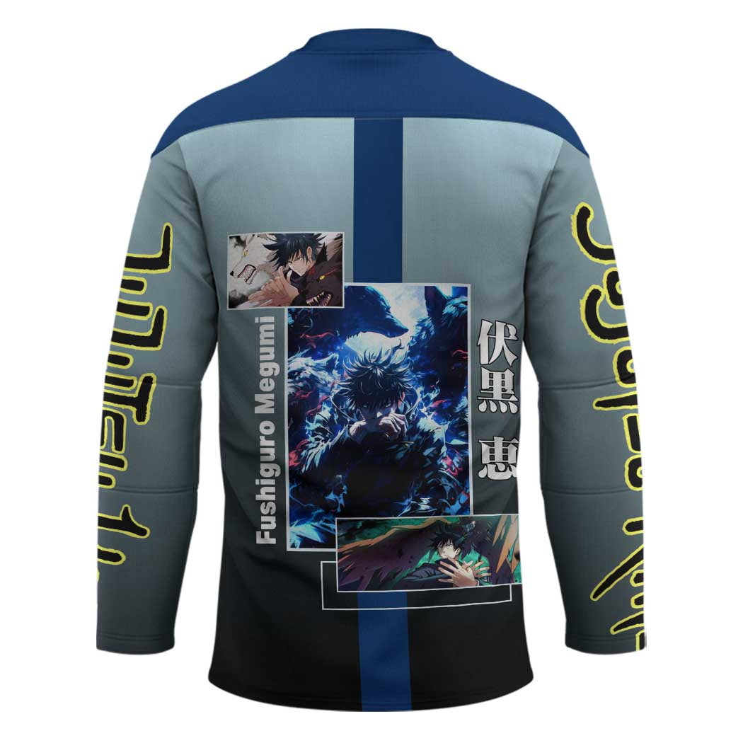 Megumi Fushiguro from Jujutsu Kaisen Hockey Jersey with Dark Blue and Black Background and Multiple Poses Design - The Mazicc