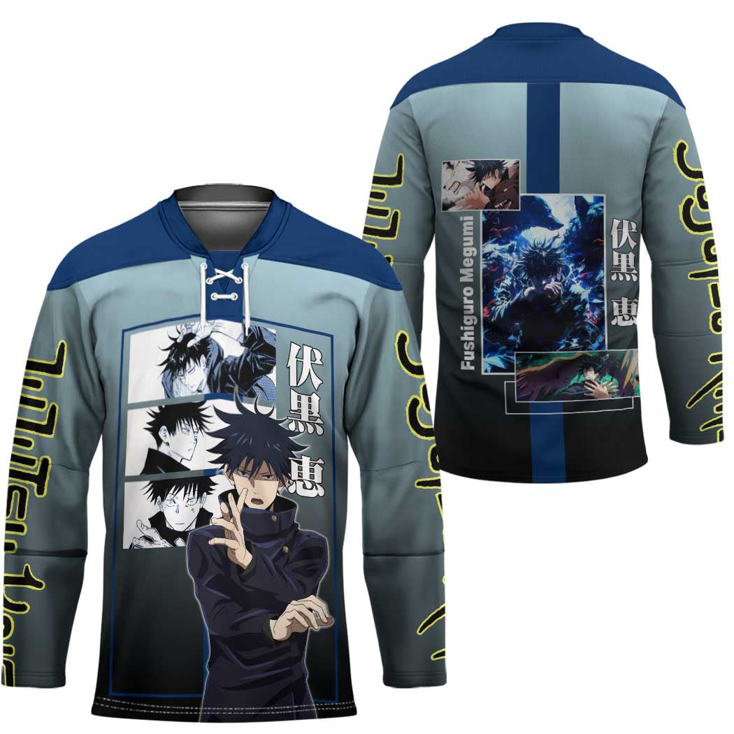Megumi Fushiguro from Jujutsu Kaisen Hockey Jersey with Dark Blue and Black Background and Multiple Poses Design - The Mazicc
