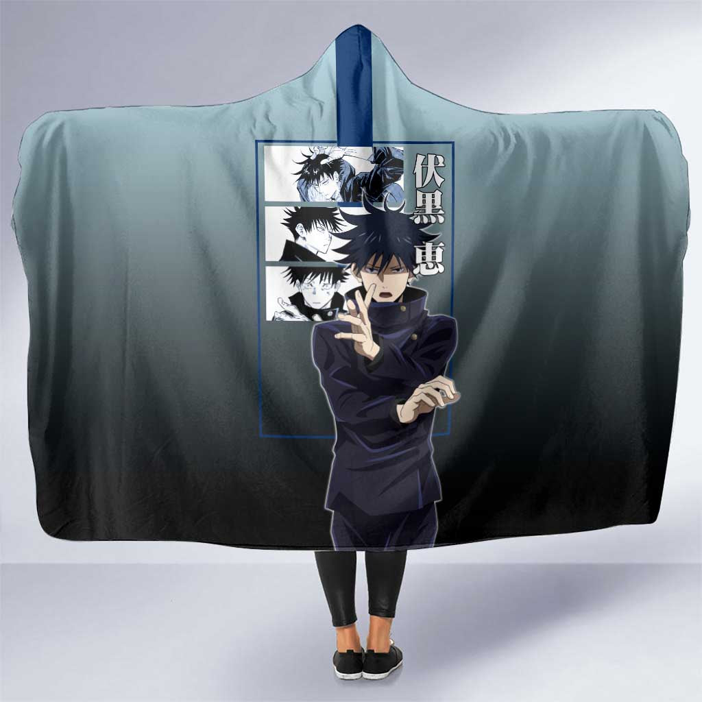 Megumi Fushiguro from Jujutsu Kaisen Hooded Blanket with Dark Blue and Black Background and Multiple Poses Design - The Mazicc