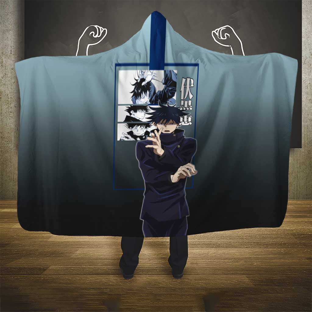 Megumi Fushiguro from Jujutsu Kaisen Hooded Blanket with Dark Blue and Black Background and Multiple Poses Design - The Mazicc