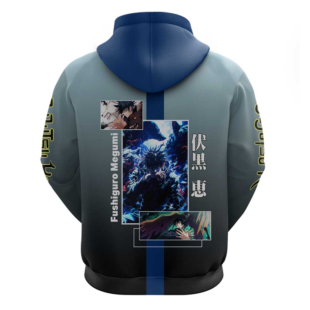Megumi Fushiguro from Jujutsu Kaisen Hoodie with Dark Blue and Black Background and Multiple Poses Design - The Mazicc