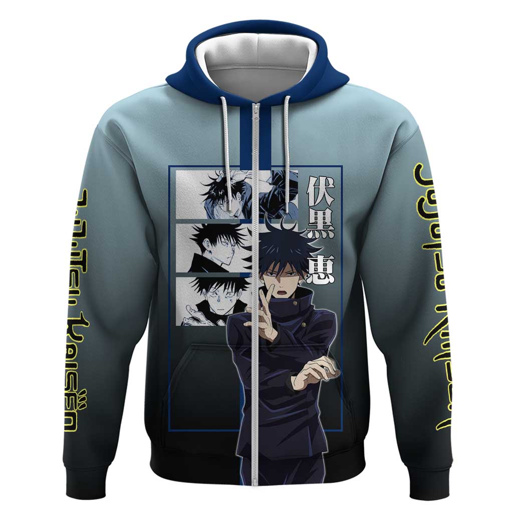Megumi Fushiguro from Jujutsu Kaisen Hoodie with Dark Blue and Black Background and Multiple Poses Design - The Mazicc