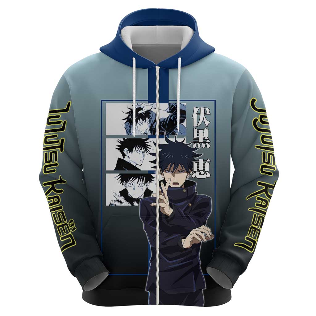 Megumi Fushiguro from Jujutsu Kaisen Hoodie with Dark Blue and Black Background and Multiple Poses Design - The Mazicc