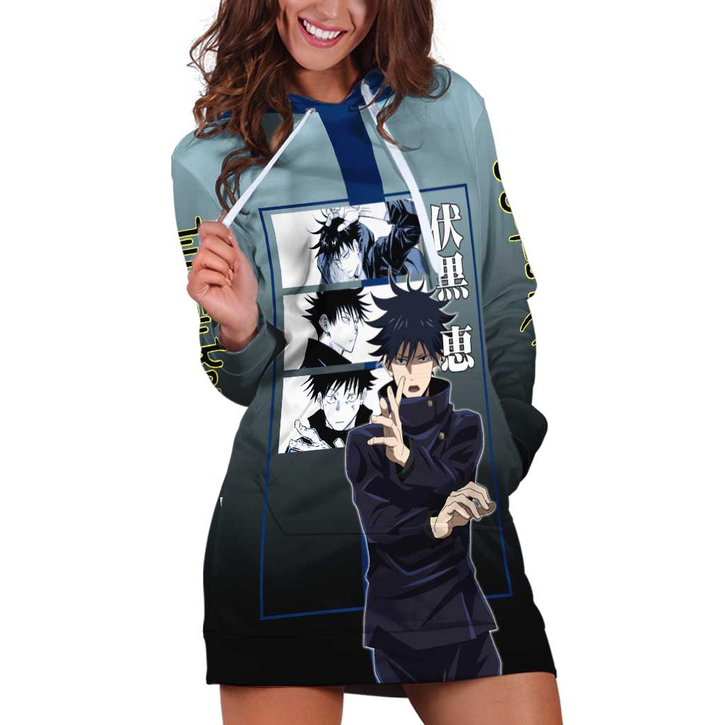 Megumi Fushiguro from Jujutsu Kaisen Hoodie Dress with Dark Blue and Black Background and Multiple Poses Design - The Mazicc