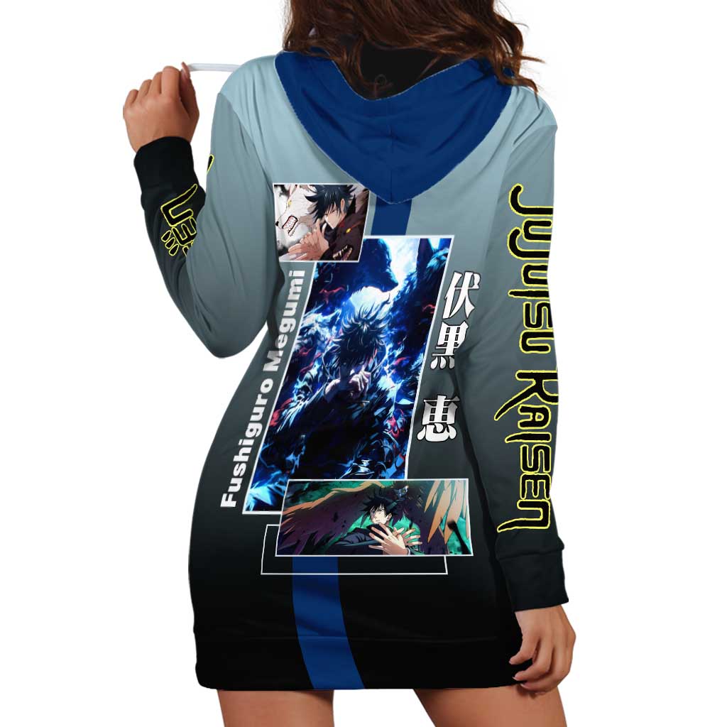 Megumi Fushiguro from Jujutsu Kaisen Hoodie Dress with Dark Blue and Black Background and Multiple Poses Design - The Mazicc