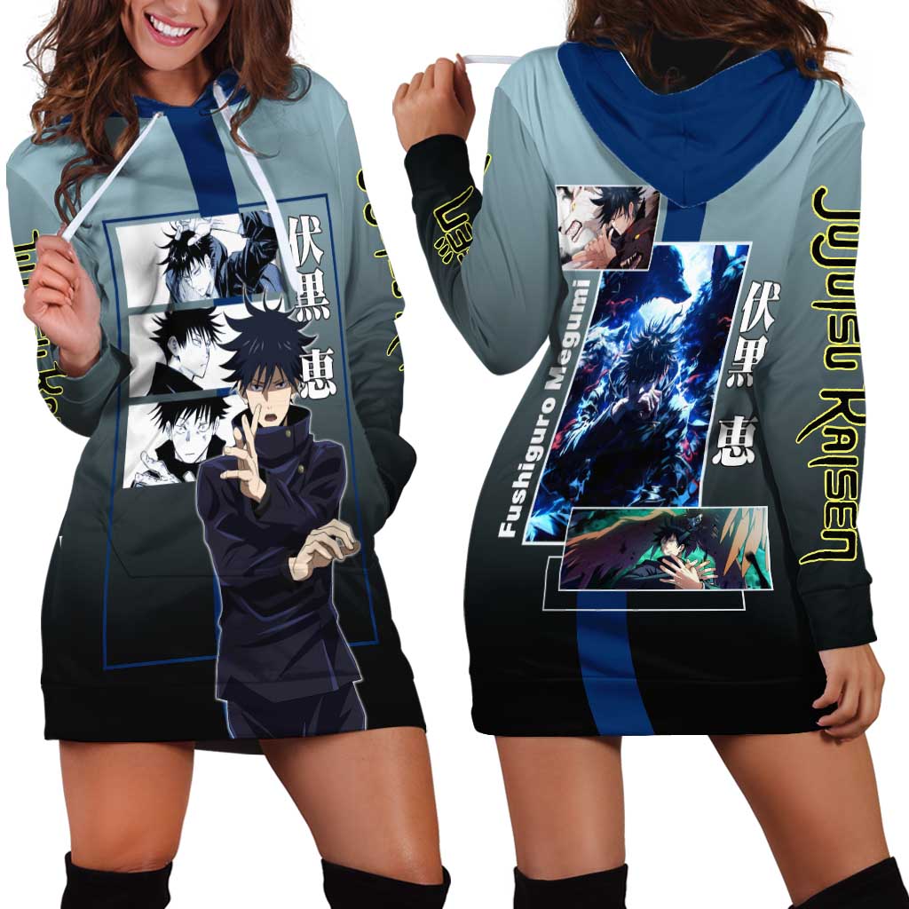 Megumi Fushiguro from Jujutsu Kaisen Hoodie Dress with Dark Blue and Black Background and Multiple Poses Design - The Mazicc