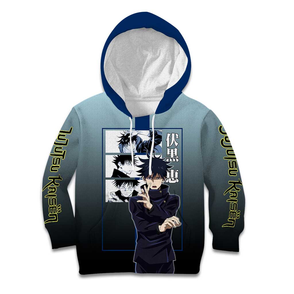 Megumi Fushiguro from Jujutsu Kaisen Kid Hoodie with Dark Blue and Black Background and Multiple Poses Design - The Mazicc