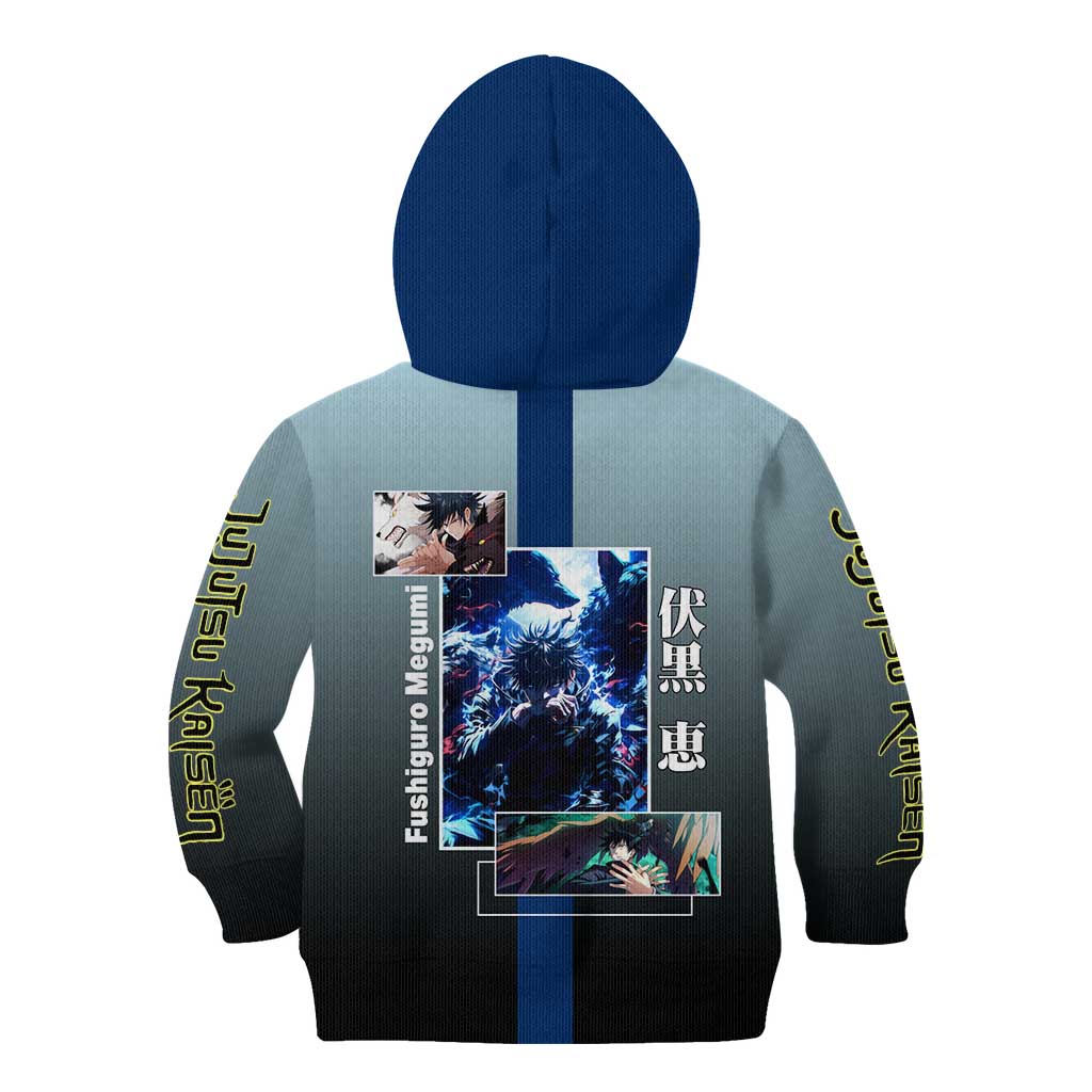 Megumi Fushiguro from Jujutsu Kaisen Kid Hoodie with Dark Blue and Black Background and Multiple Poses Design - The Mazicc