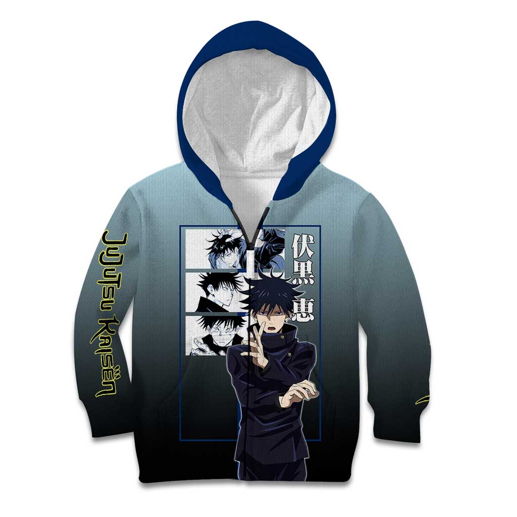 Megumi Fushiguro from Jujutsu Kaisen Kid Hoodie with Dark Blue and Black Background and Multiple Poses Design - The Mazicc