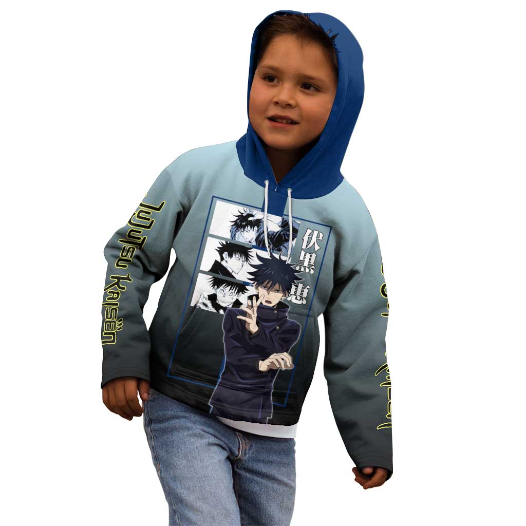 Megumi Fushiguro from Jujutsu Kaisen Kid Hoodie with Dark Blue and Black Background and Multiple Poses Design - The Mazicc