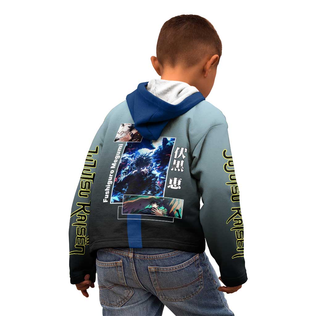 Megumi Fushiguro from Jujutsu Kaisen Kid Hoodie with Dark Blue and Black Background and Multiple Poses Design - The Mazicc