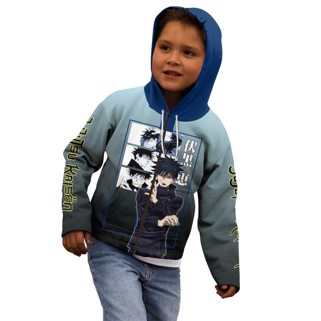 Megumi Fushiguro from Jujutsu Kaisen Kid Hoodie with Dark Blue and Black Background and Multiple Poses Design - The Mazicc