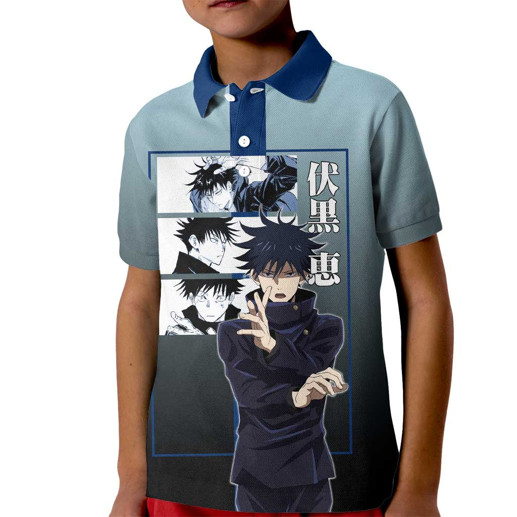 Megumi Fushiguro from Jujutsu Kaisen Kid Polo Shirt with Dark Blue and Black Background and Multiple Poses Design - The Mazicc